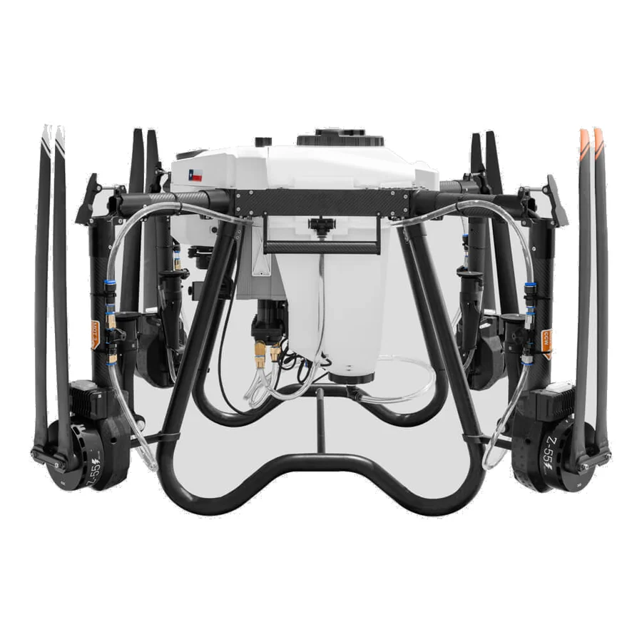Hylio ARES HYL-150 spraying drone, front view, showing the white liquid tank, spray plumbing and four carbon arms.